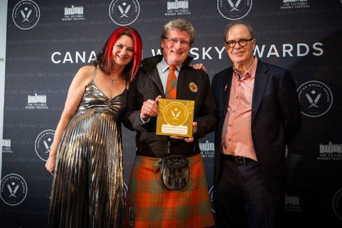 Awards host Heather Leary with Dr. Graeme Macaloney (Macaloney Island Distillers) and Davin de Kergommeaux, Canadian Whisky Awards judge. Photo: Jen Steele Photography