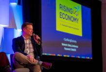 South Island Prosperity Partnership CEO Aaron Stone announced the Rising Economy Task Force 2.0 in response to US tariffs during the organization's annual Rising Economy conference. Photo: James MacDonald.