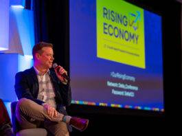 South Island Prosperity Partnership CEO Aaron Stone announced the Rising Economy Task Force 2.0 in response to US tariffs during the organization's annual Rising Economy conference. Photo: James MacDonald.