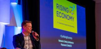 South Island Prosperity Partnership CEO Aaron Stone announced the Rising Economy Task Force 2.0 in response to US tariffs during the organization's annual Rising Economy conference. Photo: James MacDonald.