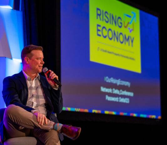 South Island Prosperity Partnership CEO Aaron Stone announced the Rising Economy Task Force 2.0 in response to US tariffs during the organization's annual Rising Economy conference. Photo: James MacDonald.