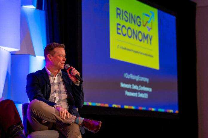 South Island Prosperity Partnership CEO Aaron Stone announced the Rising Economy Task Force 2.0 in response to US tariffs during the organization's annual Rising Economy conference. Photo: James MacDonald.